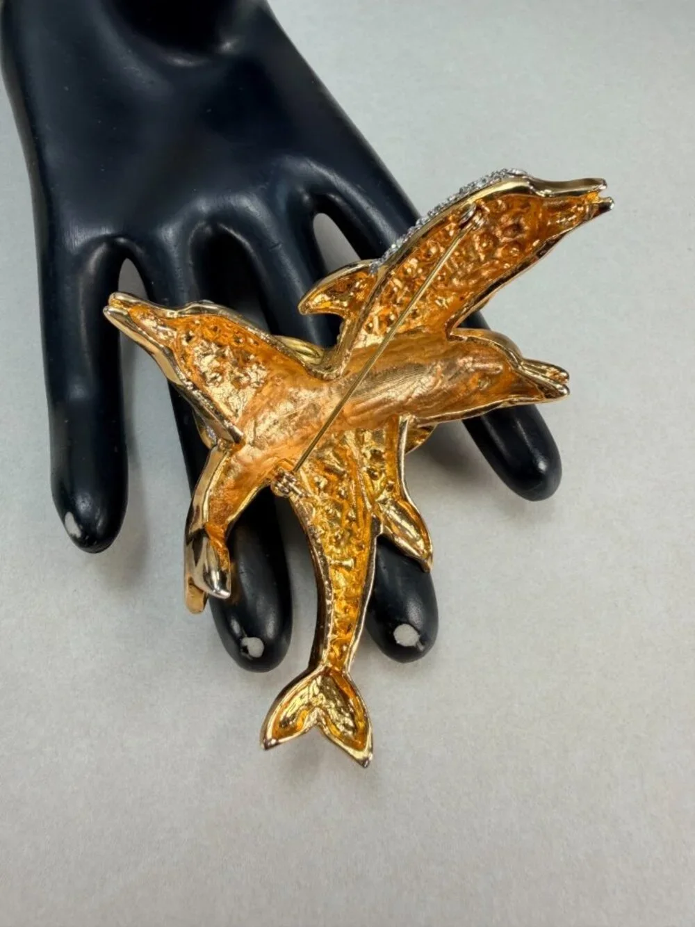 Vintage Dolphin Brooch Rhinestone Gold Tone Double Dolphin Ocean Figural Pin